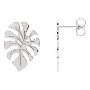 Monstera Leaf Stud Earrings 14K White Gold