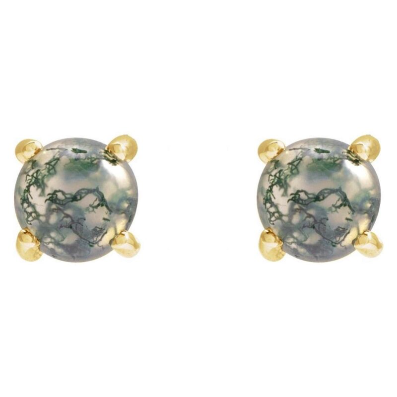 Green Moss Agate Stud Earrings 14K Gold 6 mm