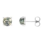 Moss Agate Stud Earrings 14K White Gold 6 mm