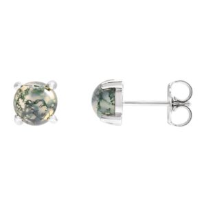 Moss Agate Stud Earrings 14K White Gold 6 mm