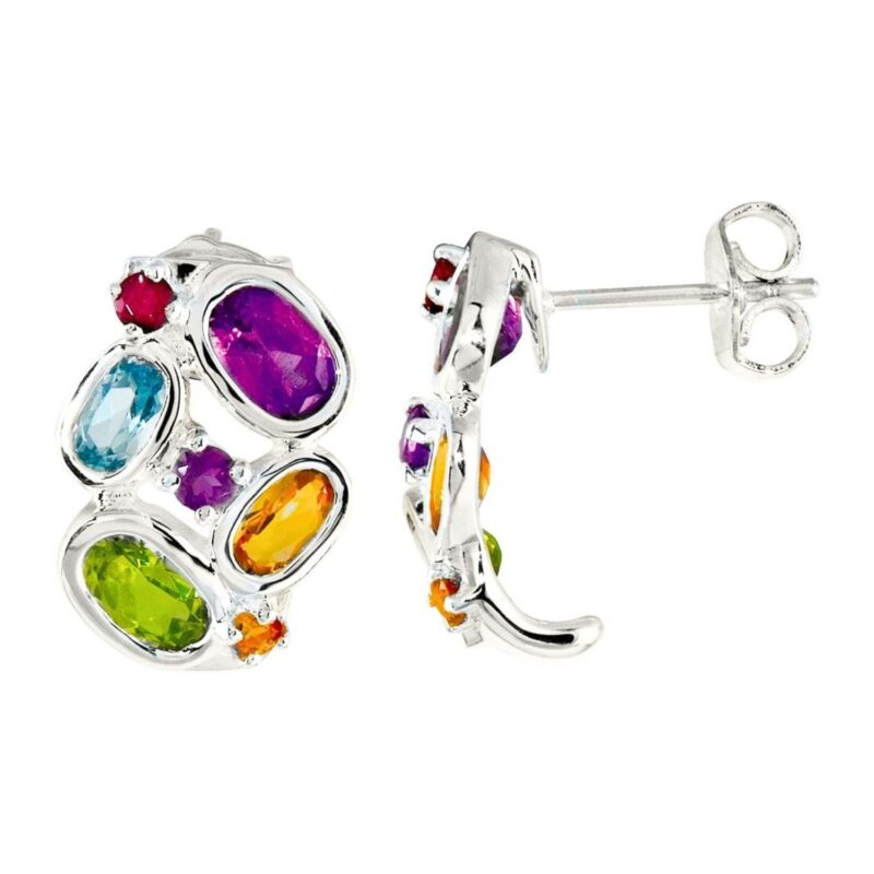 Multi-Gemstone J-Hoop Earrings Sterling Silver