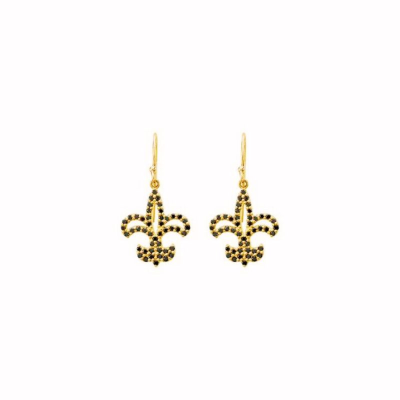 Natural Black Diamond Fleur de Lis Earrings 14K Yellow Gold 1-2 CTW