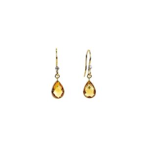 Natural Citrine and Real Diamond Drop Earrings 14K Yellow Gold