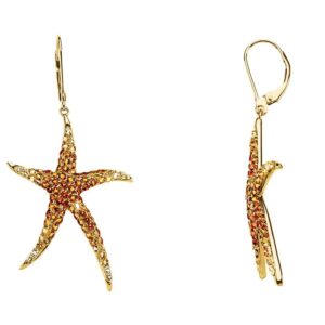 Orange Citrine and Quartz Leverback Starfish Drop Earrings 14K Yellow Gold