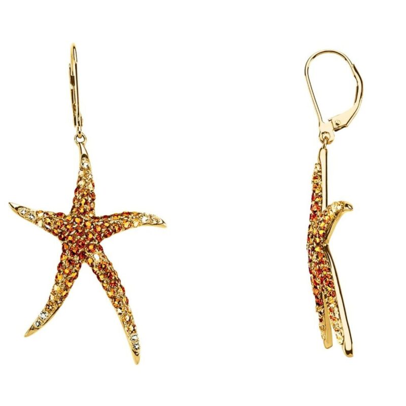 Orange Citrine and Quartz Leverback Starfish Drop Earrings 14K Yellow Gold