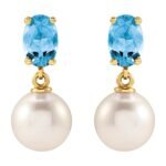 Oval Cut Aquamarine and Pearl Drop Earrings 14K Yellow Gold
