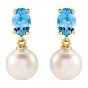 Oval Cut Aquamarine and Pearl Drop Earrings 14K Yellow Gold