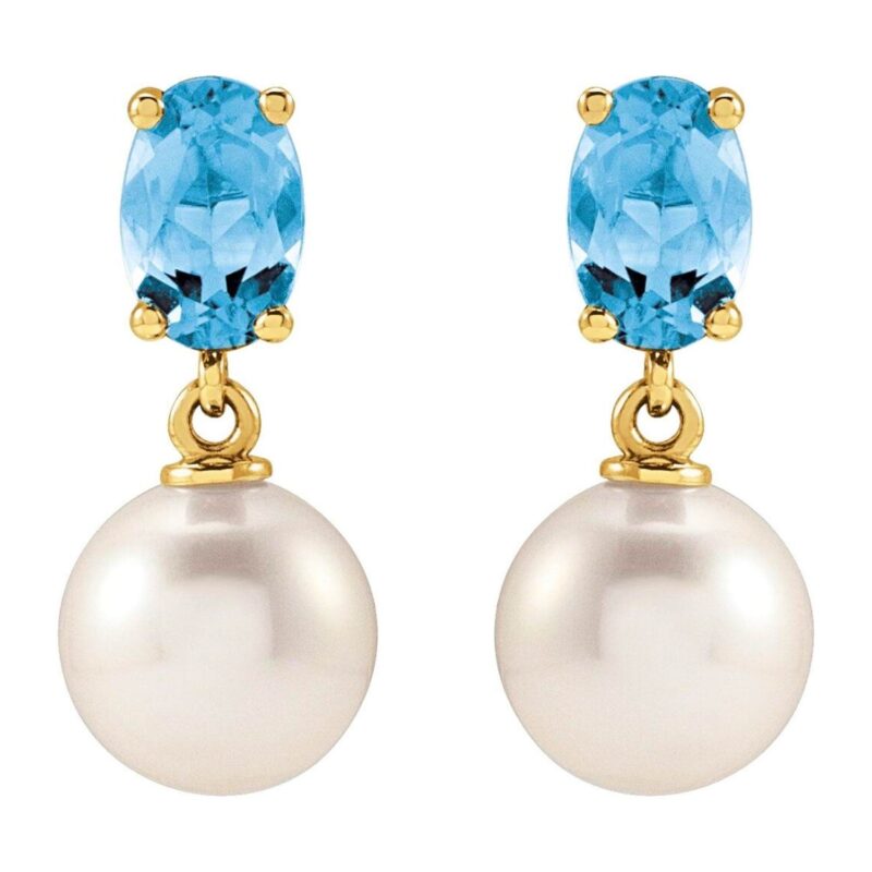 Oval Cut Aquamarine and Pearl Drop Earrings 14K Yellow Gold
