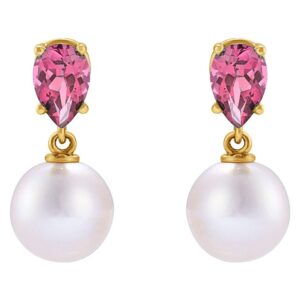 Pear Pink Tourmaline and Pearl Drop Earrings 14K Gold