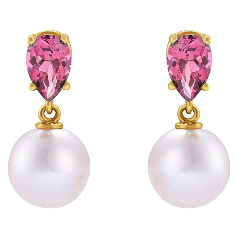 Pear Pink Tourmaline and Pearl Drop Earrings 14K Gold
