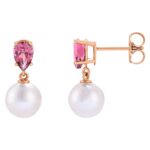 Pear Pink Tourmaline and Pearl Drop Earrings 14K Rose Gold