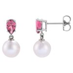 Pear Pink Tourmaline and Pearl Drop Earrings 14K White Gold