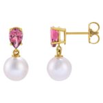 Pear Pink Tourmaline and Pearl Drop Earrings 14K Yellow Gold