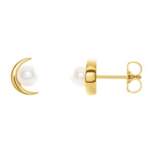 Pearl Crescent Moon Stud Earrings 14k Gold