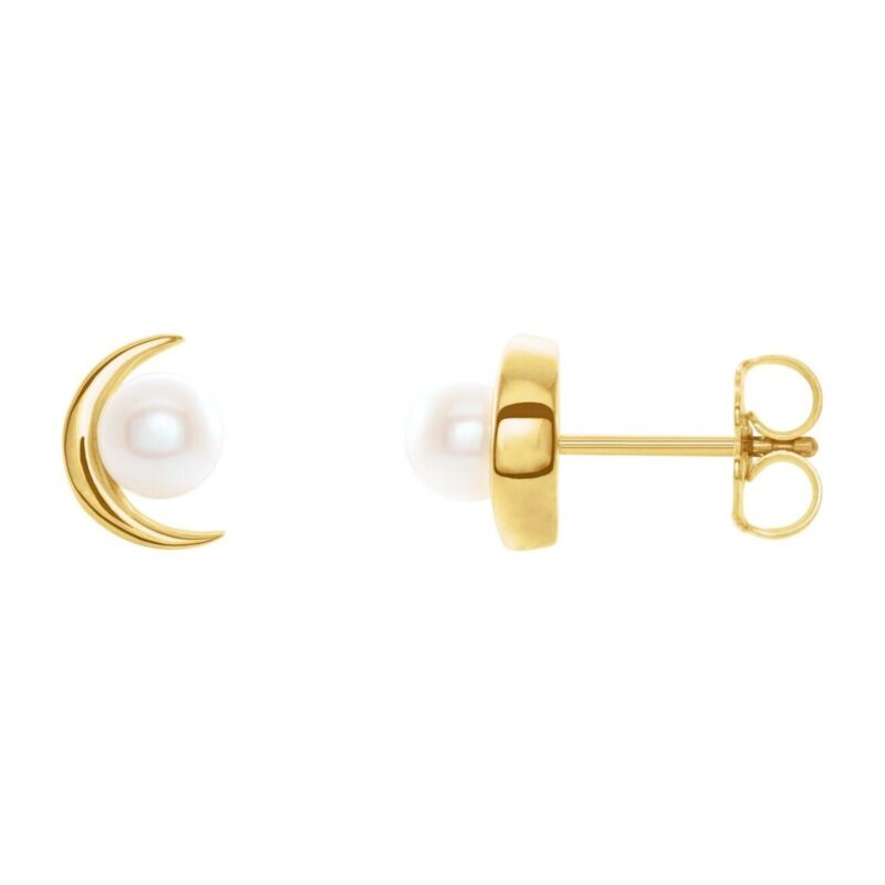 Pearl Crescent Moon Stud Earrings 14k Gold