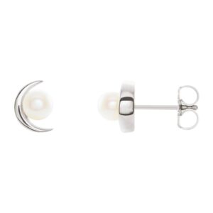Pearl Crescent Moon Stud Earrings 14k White Gold