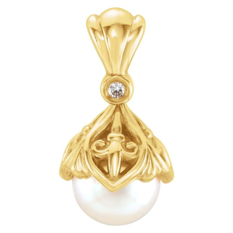 Pearl and Diamond Fleur de Lis Pendant 14K Yellow Gold