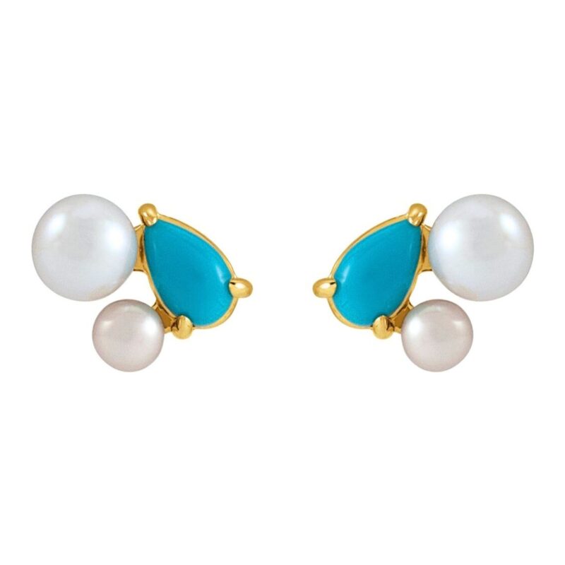 Pearl and Turquoise Cluster Stud Earrings 14K Gold