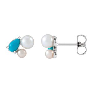 Pearl and Turquoise Cluster Stud Earrings 14K White Gold