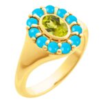 Peridot and Turquoise Halo Style Ring 14K Gold