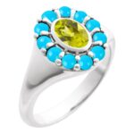 Peridot and Turquoise Halo Style Ring 14K White Gold