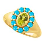 Peridot and Turquoise Halo Style Ring 14K Yellow Gold