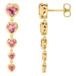 Pink Tourmaline 5 Heart Dangle Earrings 14K Yellow Gold