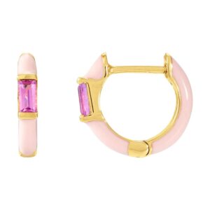 Pink Tourmaline and Pink Enamel Hinged Hoop Earrings 14K Yellow Gold
