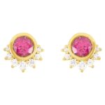 Rhodolite Garnet Diamond Stud Earrings 14K Gold