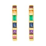 Small Baguette Multicolor Gemstone Rainbow Hoop Earrings 14K Gold