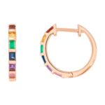 Small Baguette Multicolor Gemstone Rainbow Hoop Earrings 14K Rose Gold