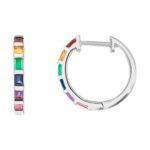 Small Baguette Multicolor Gemstone Rainbow Hoop Earrings 14K White Gold