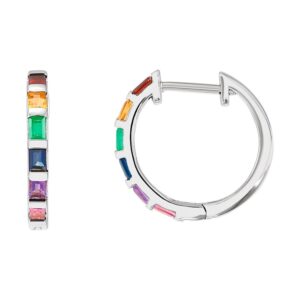 Small Baguette Multicolor Gemstone Rainbow Hoop Earrings 14K White Gold