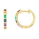 Small Baguette Multicolor Gemstone Rainbow Hoop Earrings 14K Yellow Gold