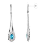 Swiss Blue Topaz Bezel Set Halo Diamond Long Teardrop Earrings 14K White Gold