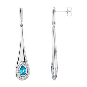 Swiss Blue Topaz Bezel Set Halo Diamond Long Teardrop Earrings 14K White Gold