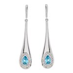 Swiss Blue Topaz Bezel Set Halo Diamond Long Teardrop Earrings 14K White Gold