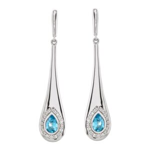 Swiss Blue Topaz Bezel Set Halo Diamond Long Teardrop Earrings 14K White Gold