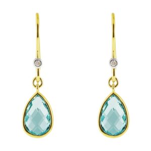 Swiss Blue Topaz and Diamond Teardrop Drop Earrings 14k Gold