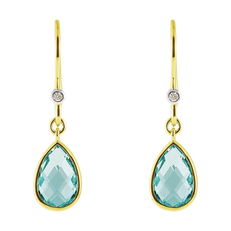 Swiss Blue Topaz and Diamond Teardrop Drop Earrings 14k Gold