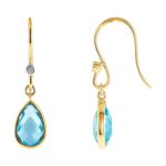 Swiss Blue Topaz and Diamond Teardrop Drop Earrings 14k Yellow Gold