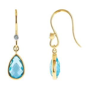 Swiss Blue Topaz and Diamond Teardrop Drop Earrings 14k Yellow Gold