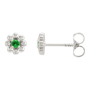 Tsavorite Garnet Stud Earrings 14K White Gold Petite Flower Beaded