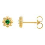 Tsavorite Garnet Stud Earrings 14K Yellow Gold Petite Flower Beaded