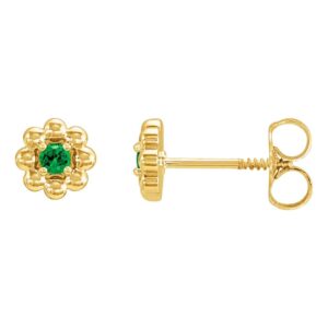 Tsavorite Garnet Stud Earrings 14K Yellow Gold Petite Flower Beaded