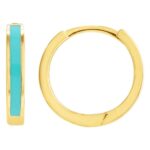 Turquoise Enamel Hinged Huggie Hoop Earrings 14K Yellow Gold