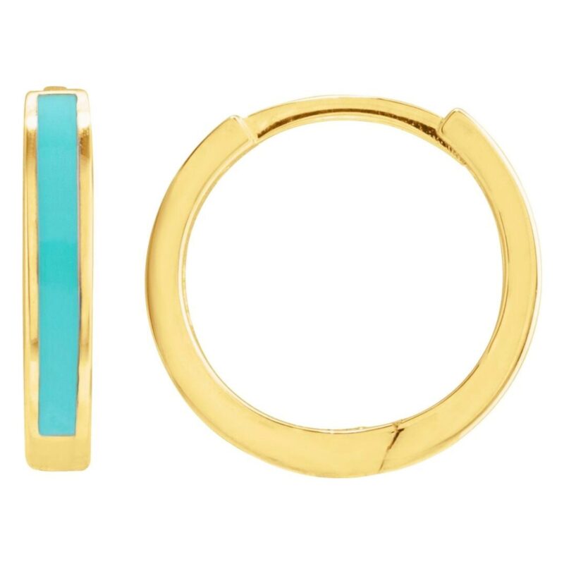 Turquoise Enamel Hinged Huggie Hoop Earrings 14K Yellow Gold