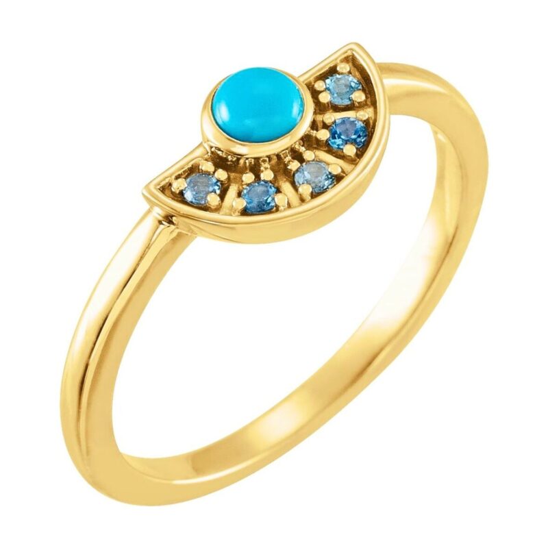 Natural Turquoise and Natural Aquamarine Fan Ring 14k Gold