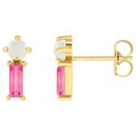 White Opal and Natural Pink Tourmaline Earrings 14K Yellow Gold