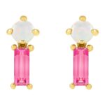 White Opal and Natural Pink Tourmaline Stud Earrings 14K Gold